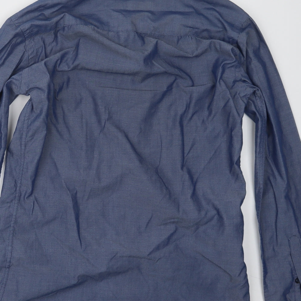 Mens UK Size 14 Cedar Wood State Blue Button-Up Long Sleeve Casual Shirt