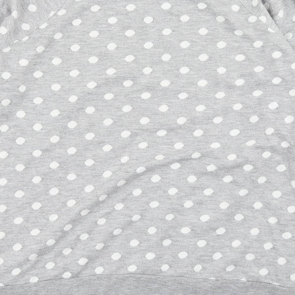 Brand and care label for Papaya women’s grey polka dot pullover sweatshirt, size UK 8