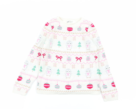 H&M Girls Ivory Geometric Pullover Jumper Size 4-5 Years - chrismtas