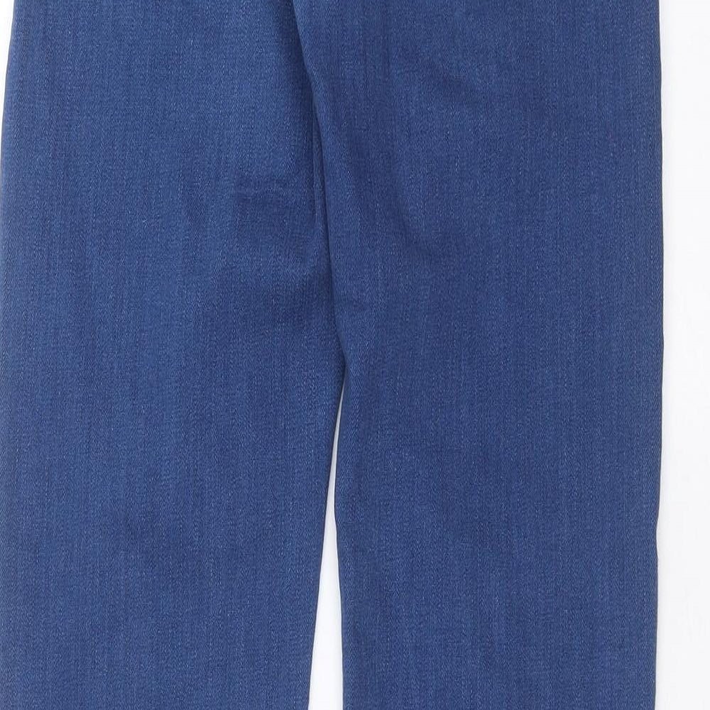 Brand and care label for ASOS women’s blue denim skinny jeans, size UK 32, in, 32-inch leg