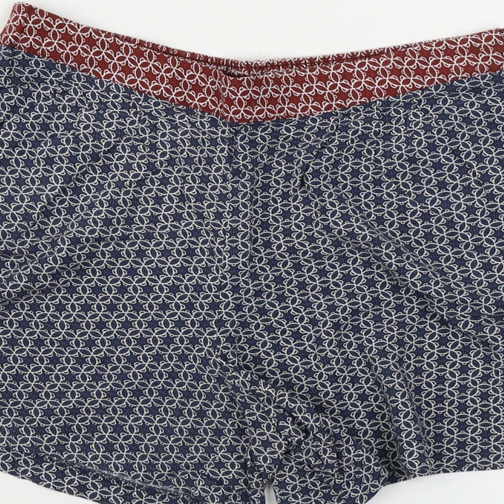 Brand and care label for Papaya women’s blue geometric hot pants shorts, size UK 8