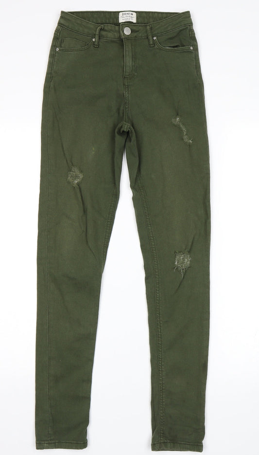 Additional front view of Miss Selfridge women’s green skinny jeans, size UK 8, 28-inch leg