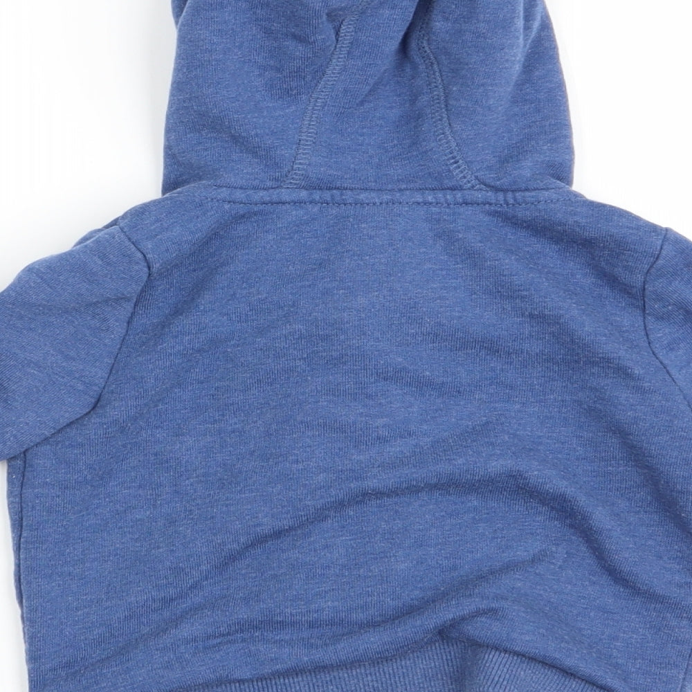 Brand and care label for F&F boys’ blue full zip jumper, size 3-6, months