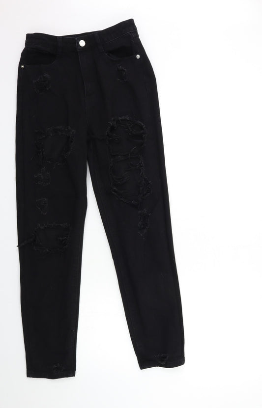 Additional front view of Missguided women’s black denim mom jeans, size UK 6, 29-inch leg