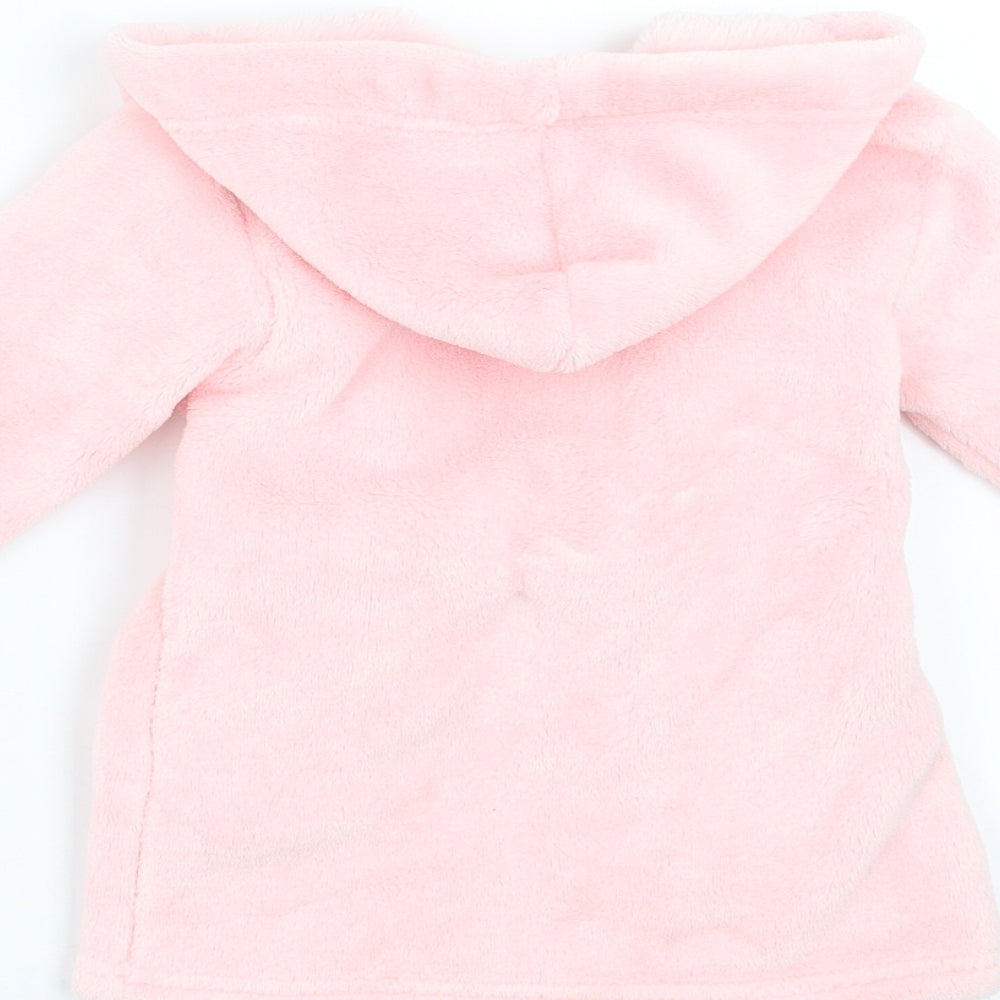 Brand and care label for Early Days girls’ pink solid robe, size 6-9, months