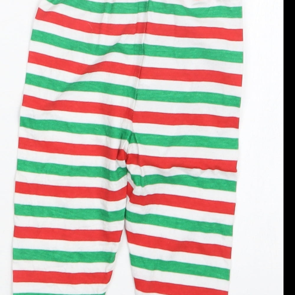 Brand and care label for B&M boys’ red striped capri pyjama pants, size 6-9, months - christmas