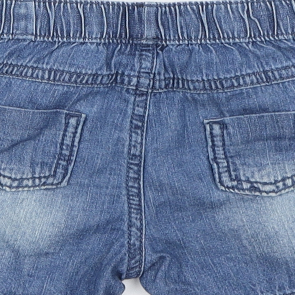 Brand and care label for Bluezoo boys’ blue denim cropped jeans, size 3-6, months
