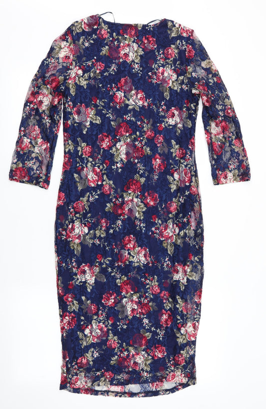 Pussycat London Womens Blue Floral Bodycon Size 10 - Lace Overlay Dress