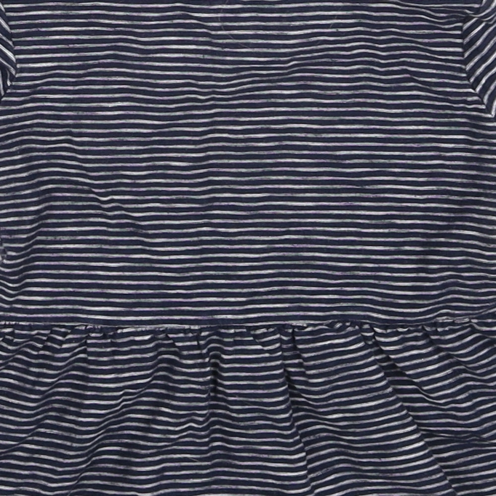 Brand and care label for Next girls’ blue striped fit & flare, size 6-9, months