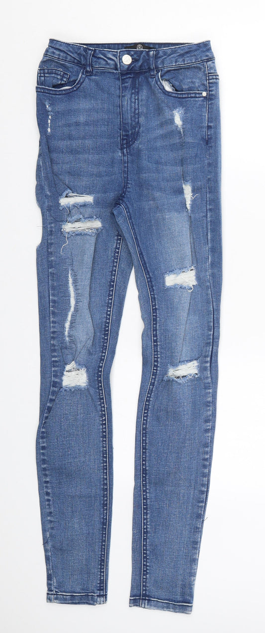 Additional front view of Missguided women’s blue denim skinny jeans, size UK 4, 28-inch leg