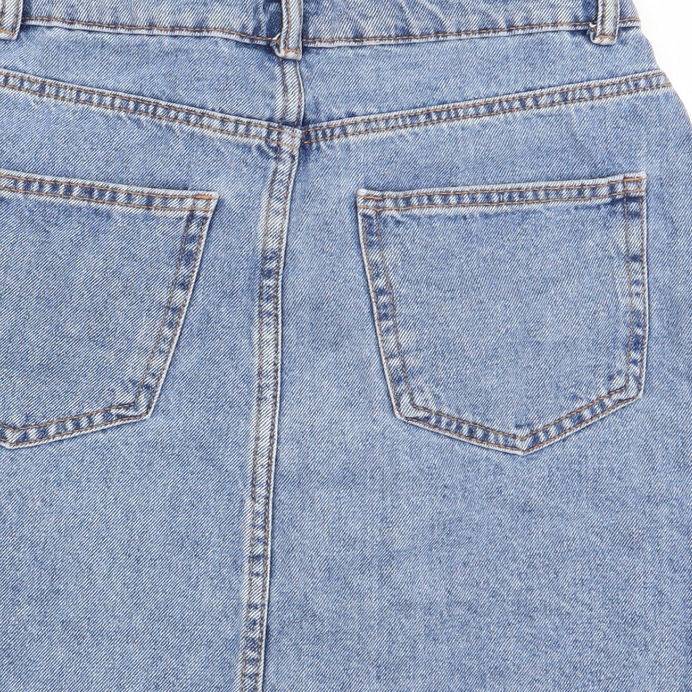 Brand and care label for denim and co women’s blue flare skirt, size UK 8