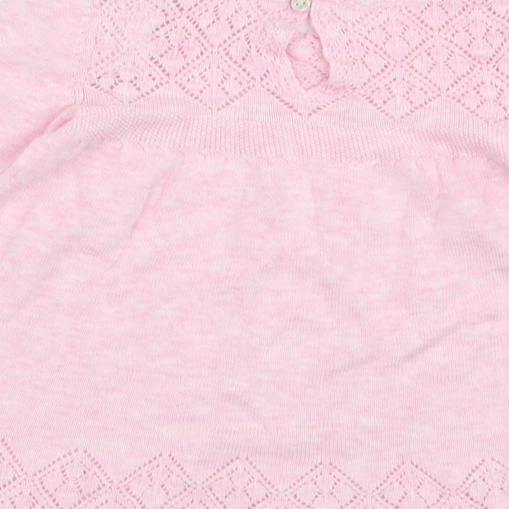 Brand and care label for Next girls’ pink geometric fit & flare, size 3-6, months