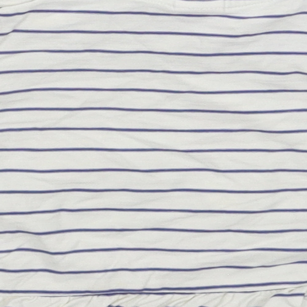 Brand and care label for Mini Club girls’ white striped basic t-shirt, size 9-12, months