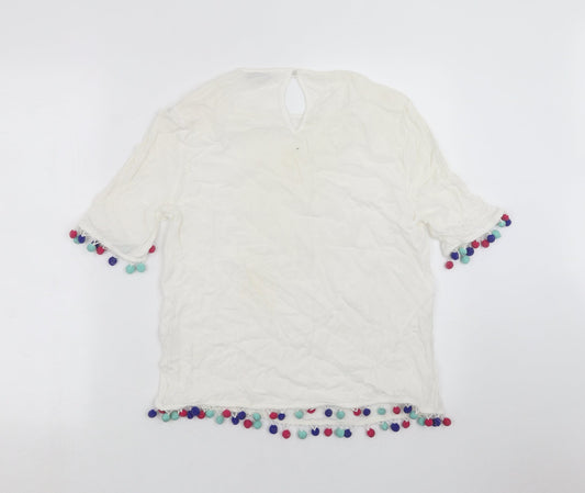 George Womens White Basic Blouse Size 10 - pom pom detail