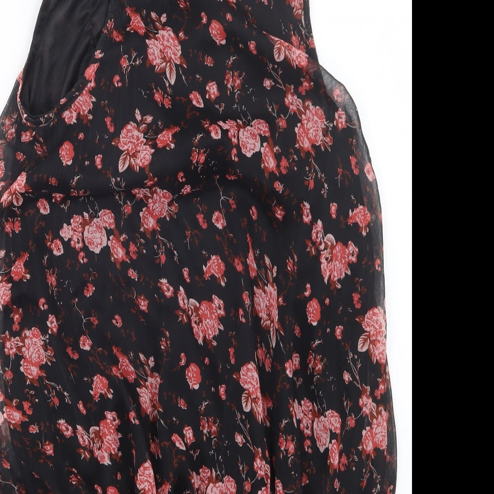 Brand and care label for New Look women’s black floral mini, size UK 10