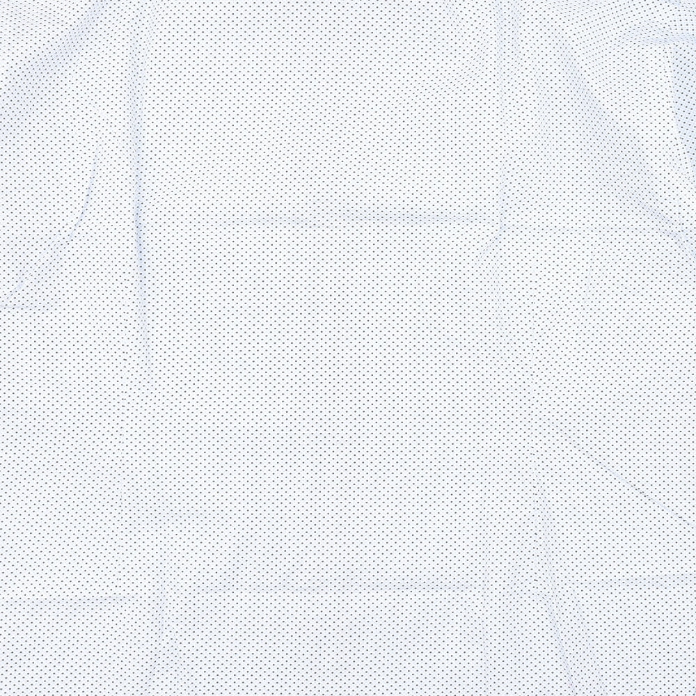 Brand and care label for George men’s blue polka dot dress shirt, size 14