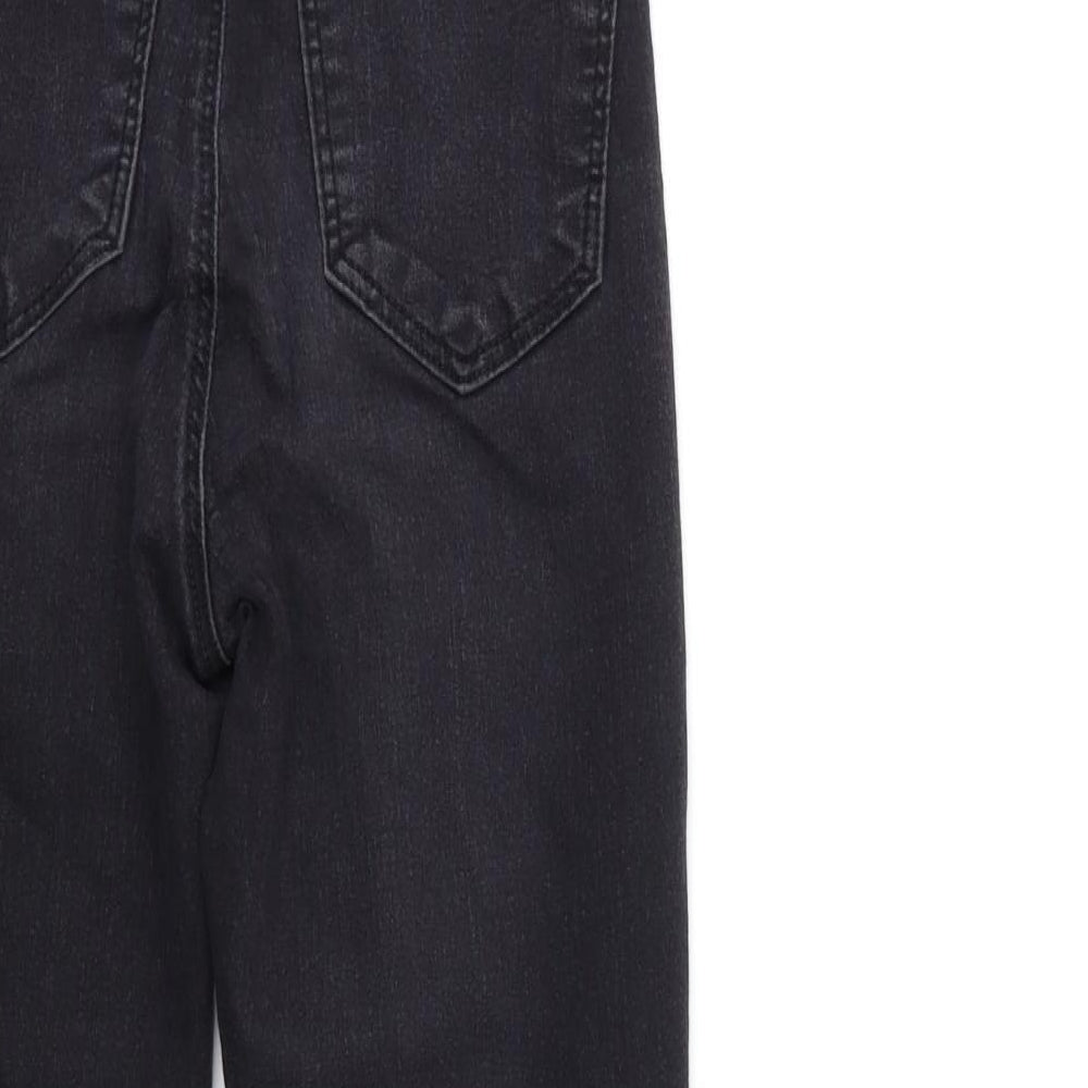 Brand and care label for Topshop women’s black denim skinny jeans, size UK 28, in, 30-inch leg