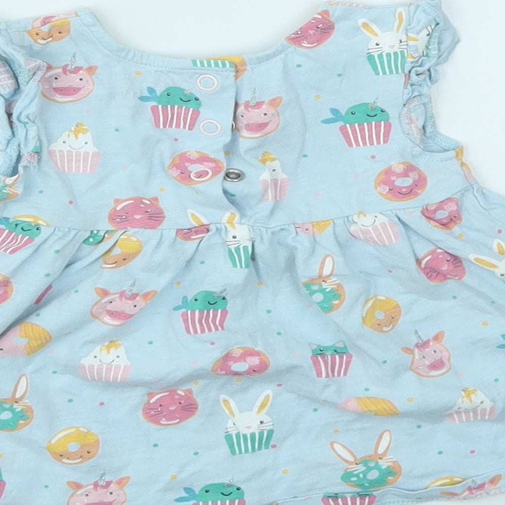Brand and care label for Blue Zoo girls’ blue animal print fit & flare, size 3-6, months