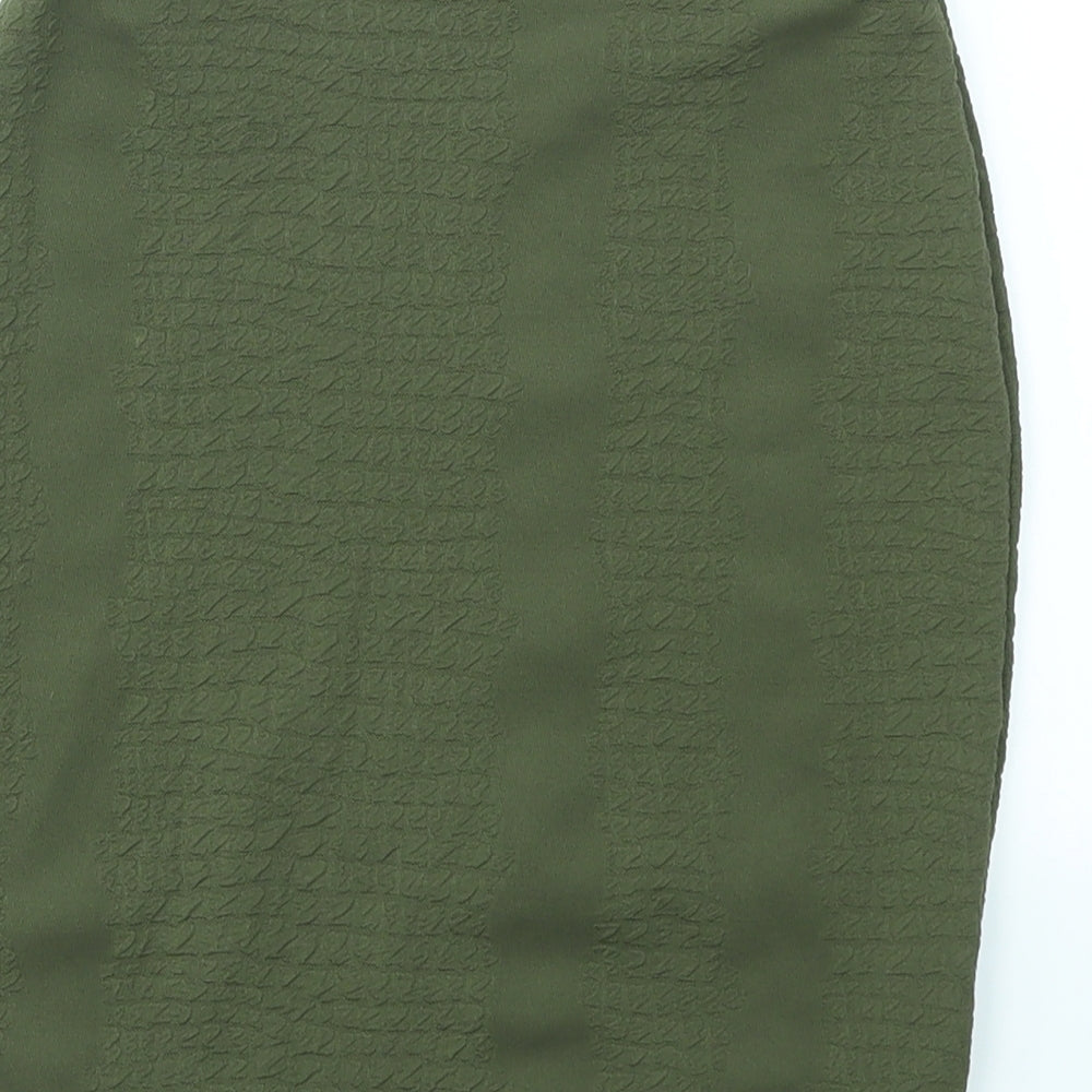 Brand and care label for PRETTYLITTLETHING women’s green a-line skirt, size UK 4, - stretch waistband