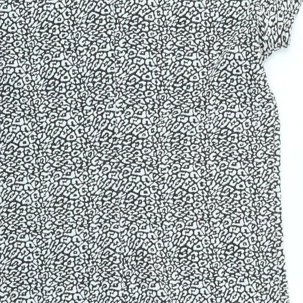 Brand and care label for Miss Selfridge women’s grey geometric fit & flare, size UK 14