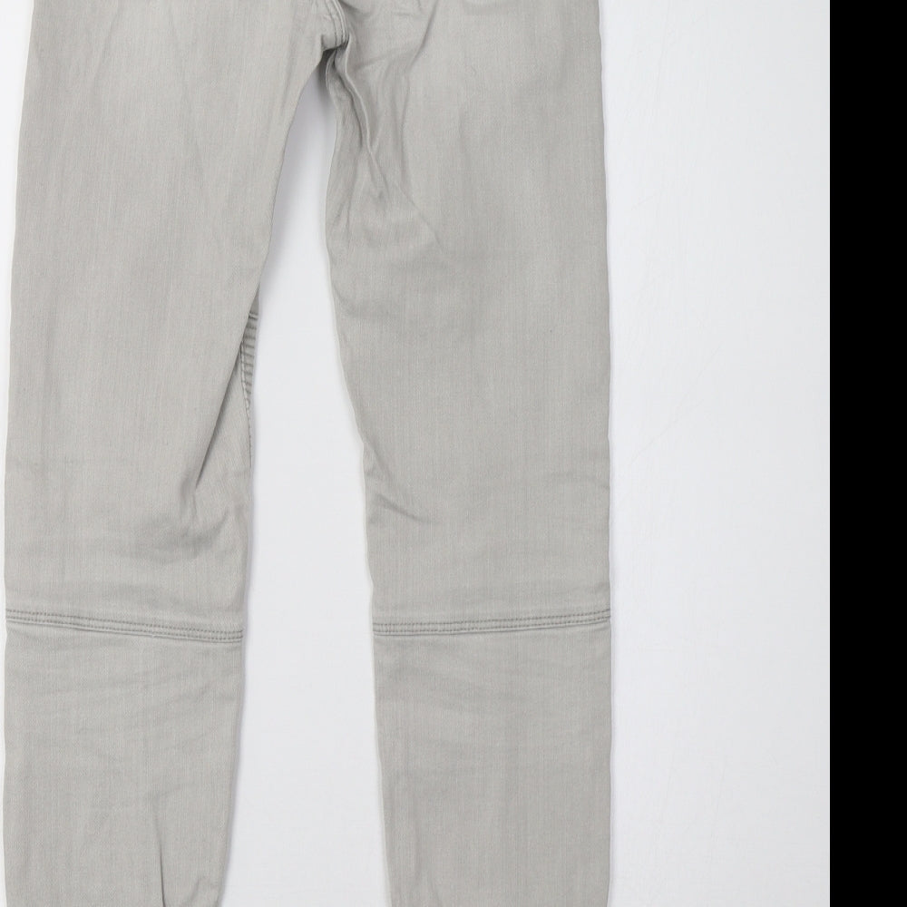 Brand and care label for Bershka women’s grey denim skinny jeans, size UK 28, 30-inch leg
