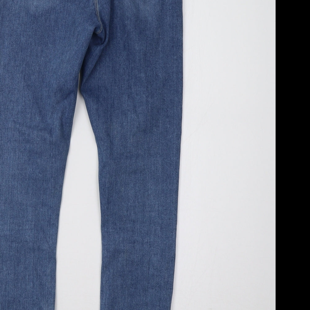 Brand and care label for ASOS women’s blue denim skinny jeans, size UK 28, 32-inch leg