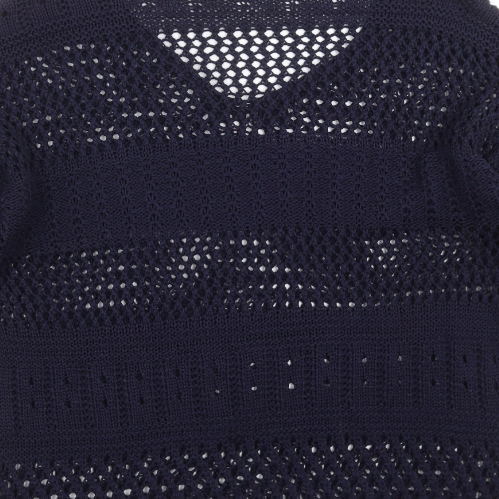 Brand and care label for F&F women’s blue geometric knit jumper, size UK 8