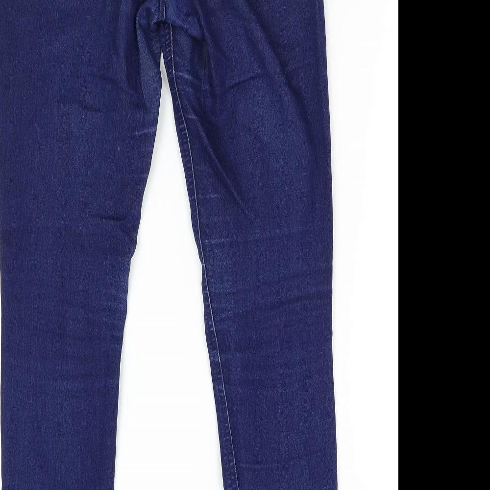 Brand and care label for Avenue women’s blue denim skinny jeans, size UK 8, 27-inch leg
