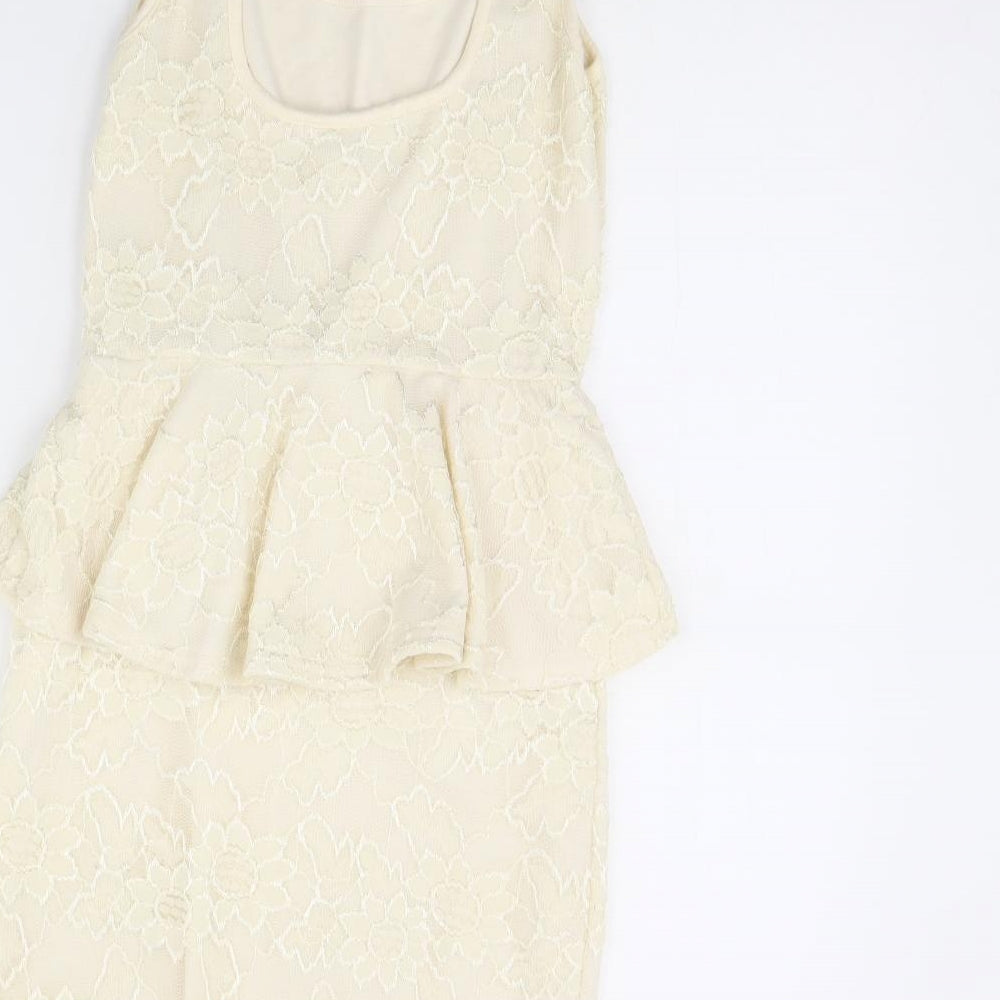 Brand and care label for River Island women’s ivory mini, size UK 8