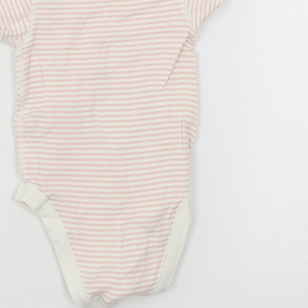 Brand and care label for Marks & Spencer girls’ pink striped jersey babygrow one-piece, size 3-6, months