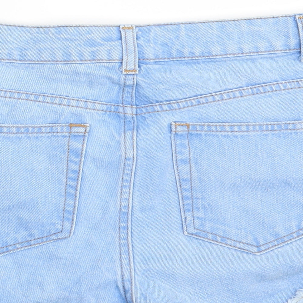 Brand and care label for Topsh women’s blue denim hot pants shorts, size UK 28, in