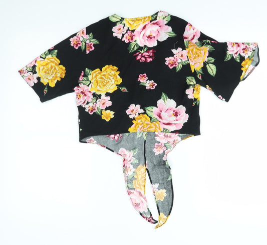 Miss Selfridge Womens Black Floral Basic Button-Up Size 8