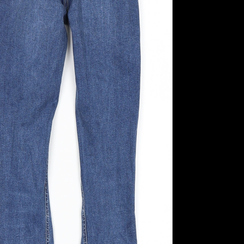 Brand and care label for Topshop women’s blue skinny jeans, size UK 26, 30-inch leg