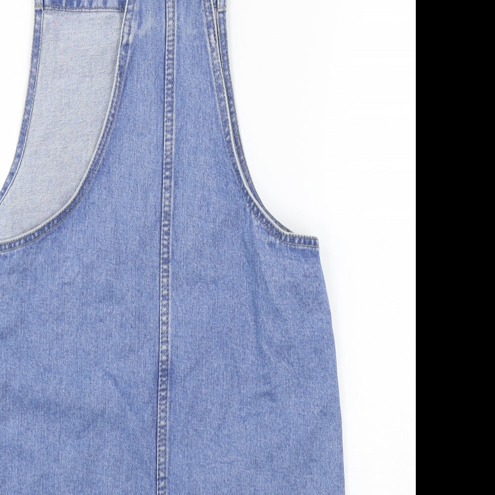 Brand and care label for Denim & Co. women’s blue denim pinafore/dungaree dress, size UK 8