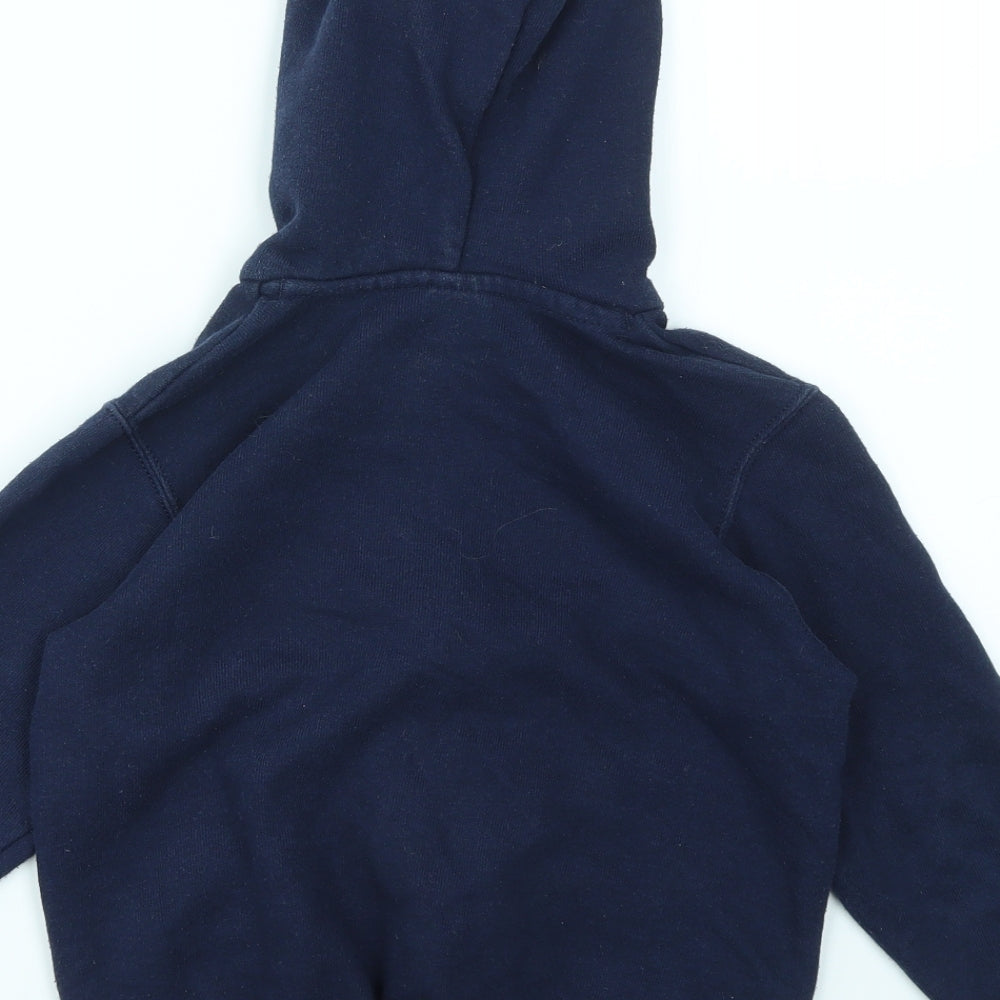 Brand and care label for FRUIT THE LOOOM boys’ blue full zip jumper, size 5-6, years