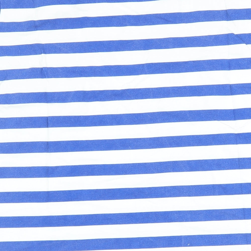 Brand and care label for Just Play boys’ blue striped basic t-shirt, size 12-13, years