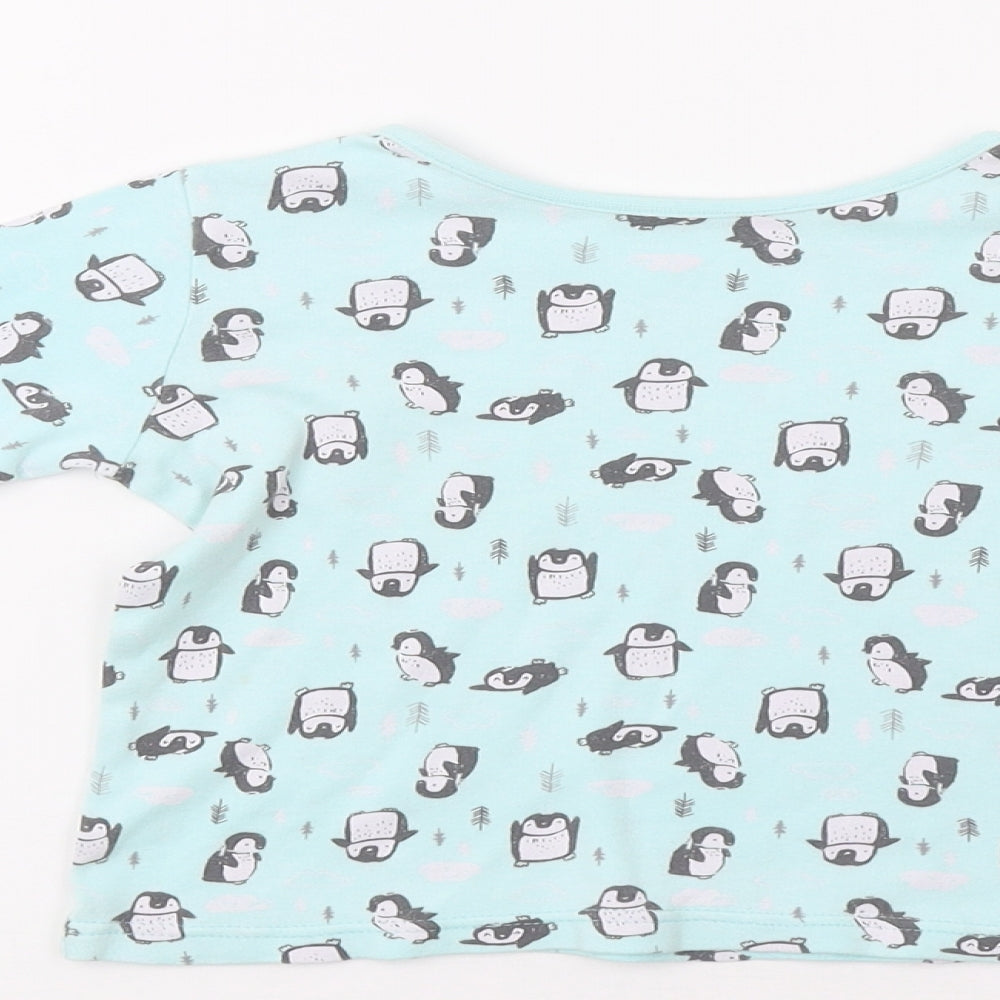 Brand and care label for George girls’ blue top pyjama top, size 3-4, years - penguin print