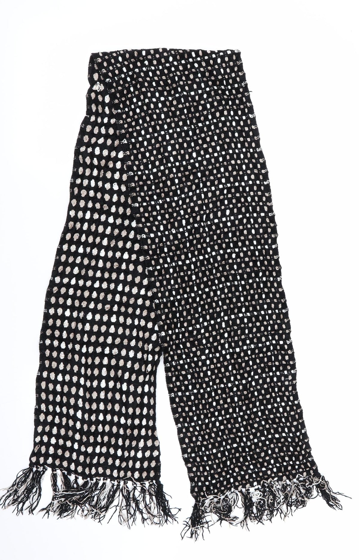 Front view of Preworn women’s black polka dot scarf