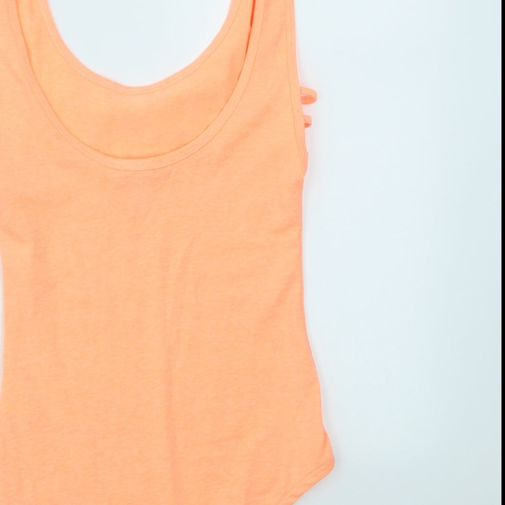 Brand and care label for Primark women’s orange bodysuit one-piece, size UK 4
