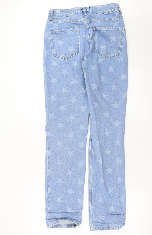 Back view of Nasty Gal women’s blue geometric denim straight jeans, size UK 8, 31-inch leg - star pattern