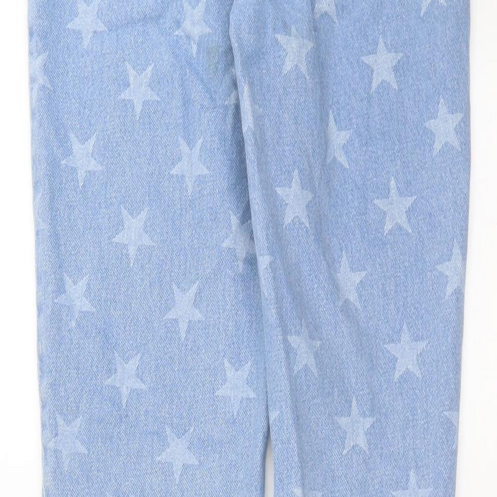 Brand and care label for Nasty Gal women’s blue geometric denim straight jeans, size UK 8, 31-inch leg - star pattern
