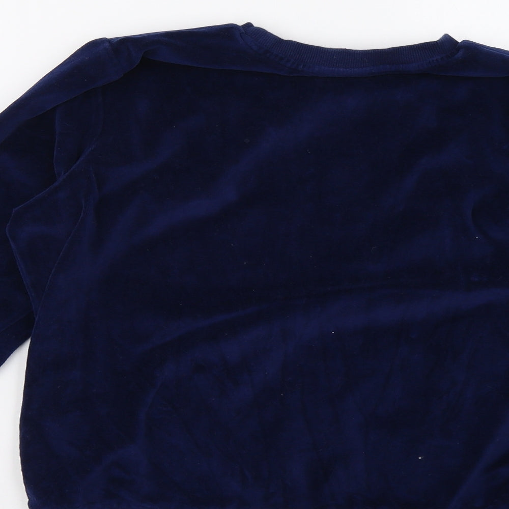 Brand and care label for Brave Soul women’s blue pullover sweatshirt, size S