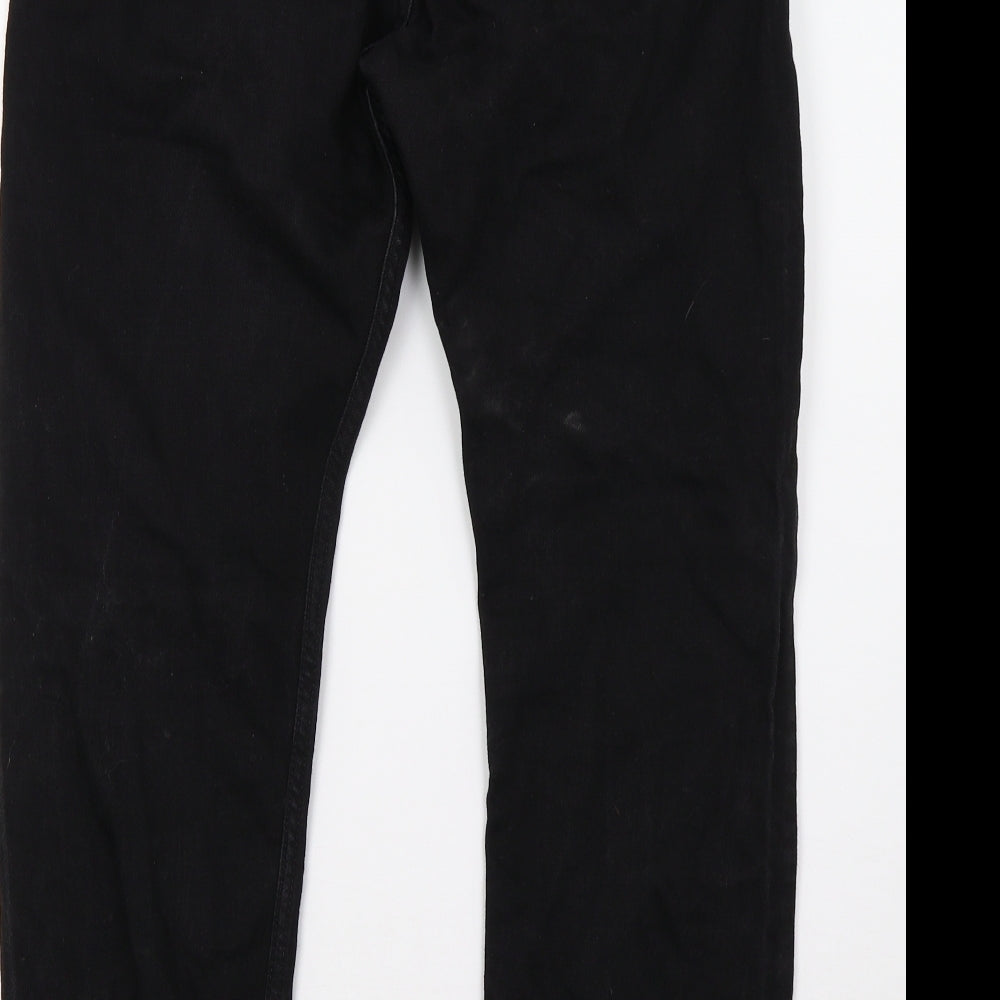Brand and care label for Indigo women’s black denim straight jeans, size UK 30, 27-inch leg