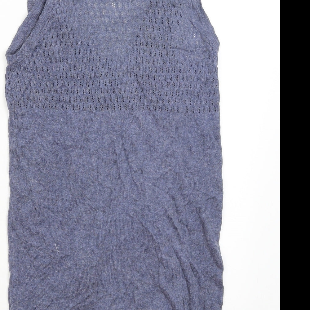 Brand and care label for New Look women’s blue vest jumper, size UK 8