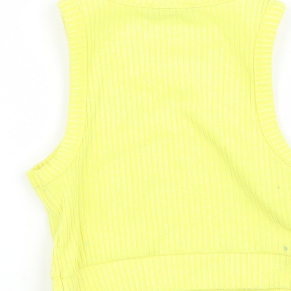 Brand and care label for River Island girls’ yellow basic tank, size 3-4, years