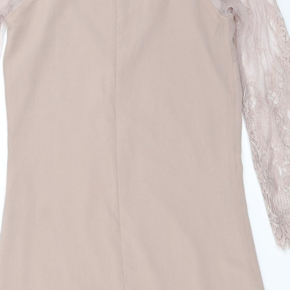 Brand and care label for Little Mistress women’s beige mini, size UK 8
