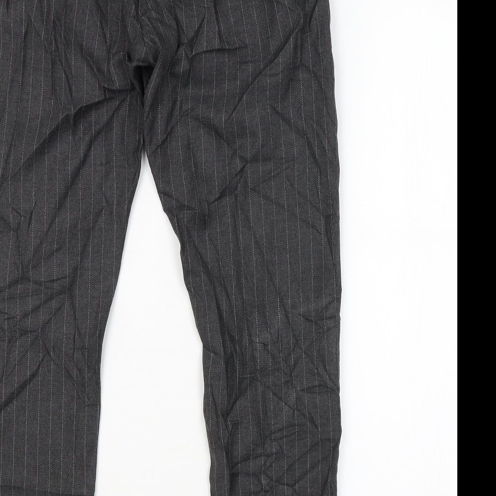 Brand and care label for Topman men’s grey striped trousers, size 32, in, 32-inch leg