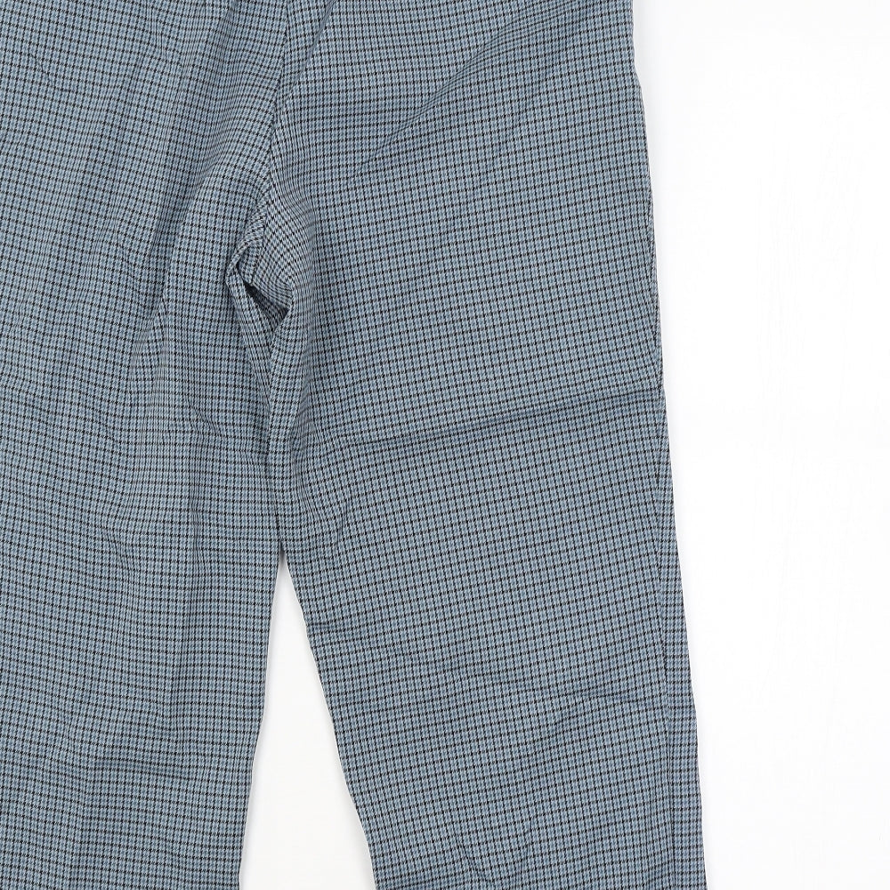 Brand and care label for Marks & Spencer women’s blue check trousers, size UK 12, 22-inch leg