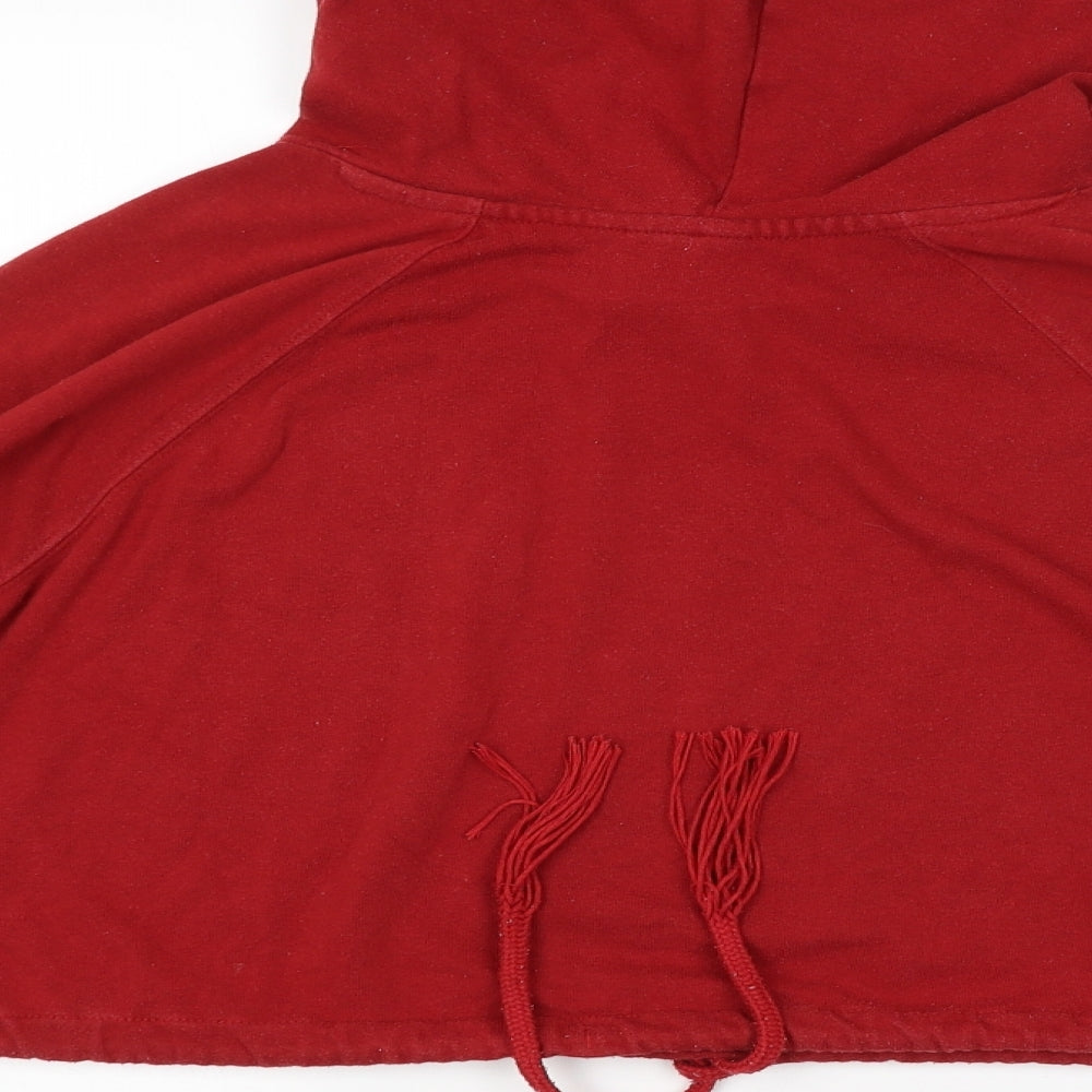 Brand and care label for H&M women’s red pullover hoodie, size S