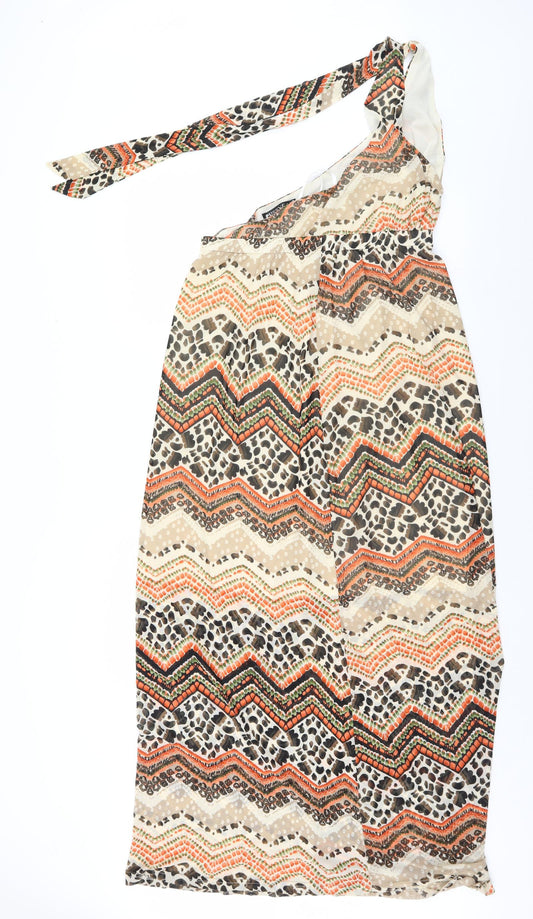 Additional front view of Pussycat London women’s brown animal print a-line, size UK 14